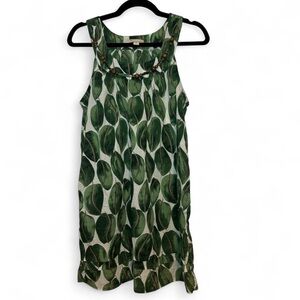 Green Leaf Print 100% Cotton Midi Sleeveless Dress + Wooden Beaded Detail